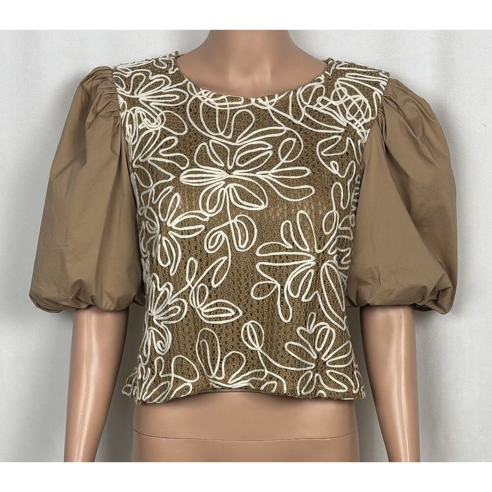 ee:some Los Angeles Womens Large Tan Floral Soutache Embroidered Puff Sleeve Top
